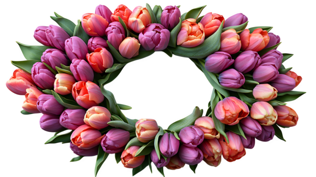 Top-down view of colorful tulips forming a half wreath, partial circle arrangement, isolated on white background