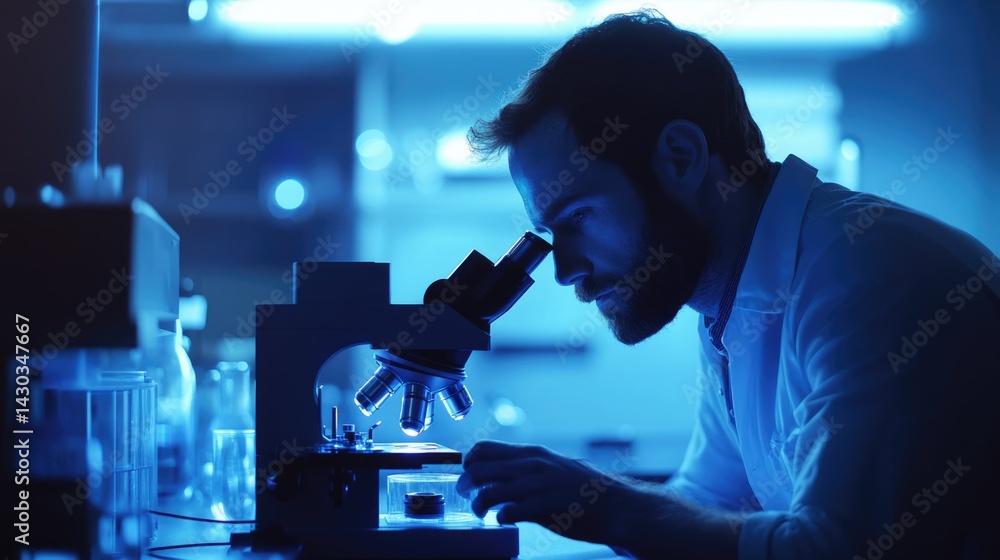 Poster a scientist intently examines a sample under a microscope in a dimly lit laboratory, conducting cruc