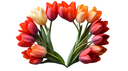 Top-down view of tulips arranged in a circular form like a wreath, petals open, isolated on white