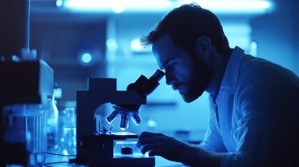A scientist intently examines a sample under a microscope in a dimly lit laboratory, conducting crucial research.