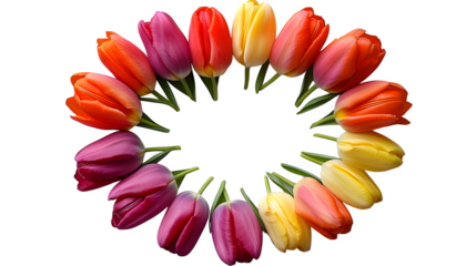 Top-down view of tulips arranged in a circular form like a wreath, petals open, isolated on white