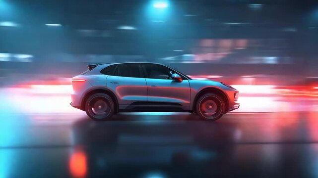 Sleek Electric SUV speeding through vibrant city streets at night neon city speed motion blur cinematic action scene 4K video
