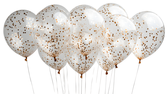 Transparent balloons with gold confetti inside, bunched and floating with light reflections, isolated white backdrop