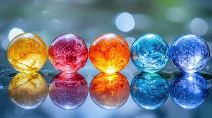 Six Multi-Colored Gem-Like Spheres on a Shiny Reflective Surface for Abstract and Elegant Photography.