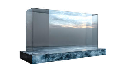 Transparent display glass case, high-definition, realistic look, isolated on white background