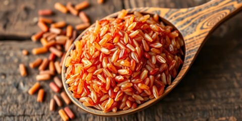 Aged photo of red yeast rice in rustic wooden spoon, traditional Chinese medicine,  ancient medicine, traditional medicine