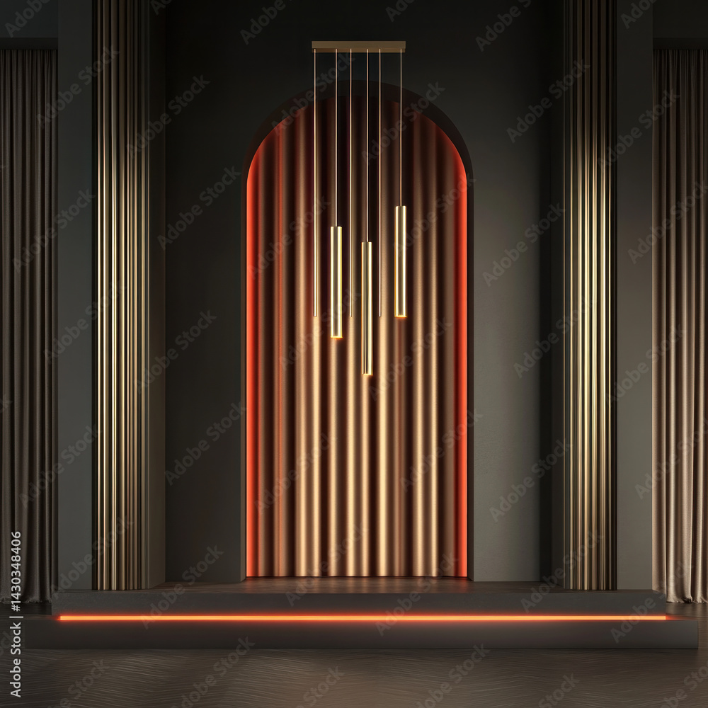 Poster a room with a gold-colored archway and three lights hanging from it. the lights are positioned at di