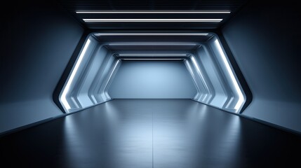 Obraz premium Futuristic corridor with glowing lights. sci-fi architecture concept for technology and entertainment visuals