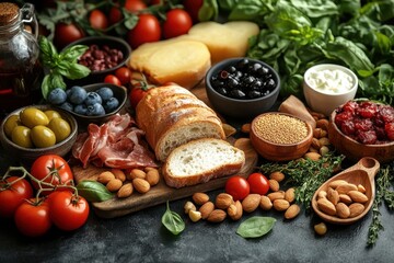 Colorful selection of fresh ingredients for a Mediterranean feast on wooden table