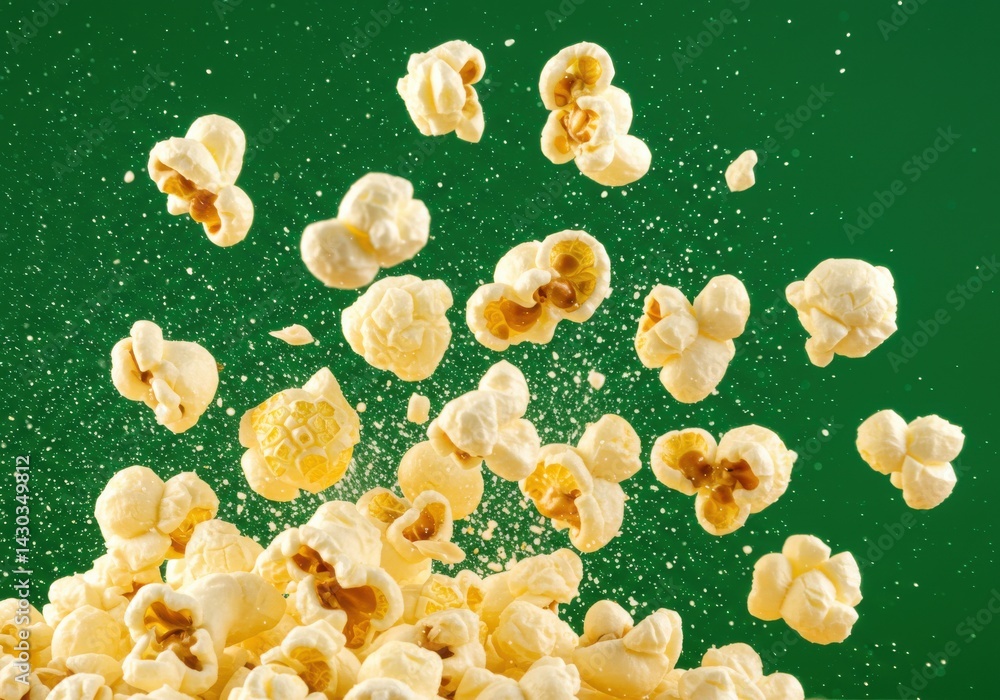 Poster a heap of popcorn with some pieces floating in the air against a green background in a studio shot