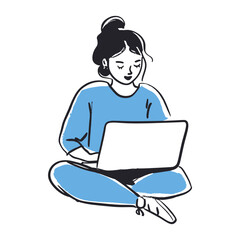 Woman using laptop art sitting blue vector