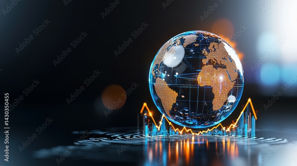 Poster 3d representation of a digital globe with upward rising graphs, symbolizing growth.