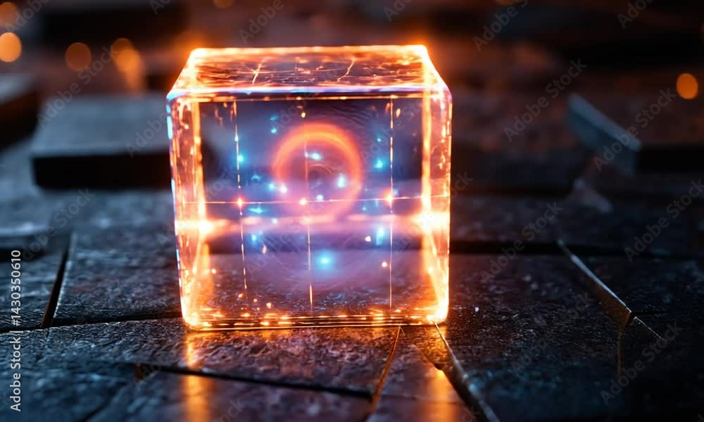 Aufkleber glowing transparent cube floating above a textured surface with vibrant lights in a dark setting