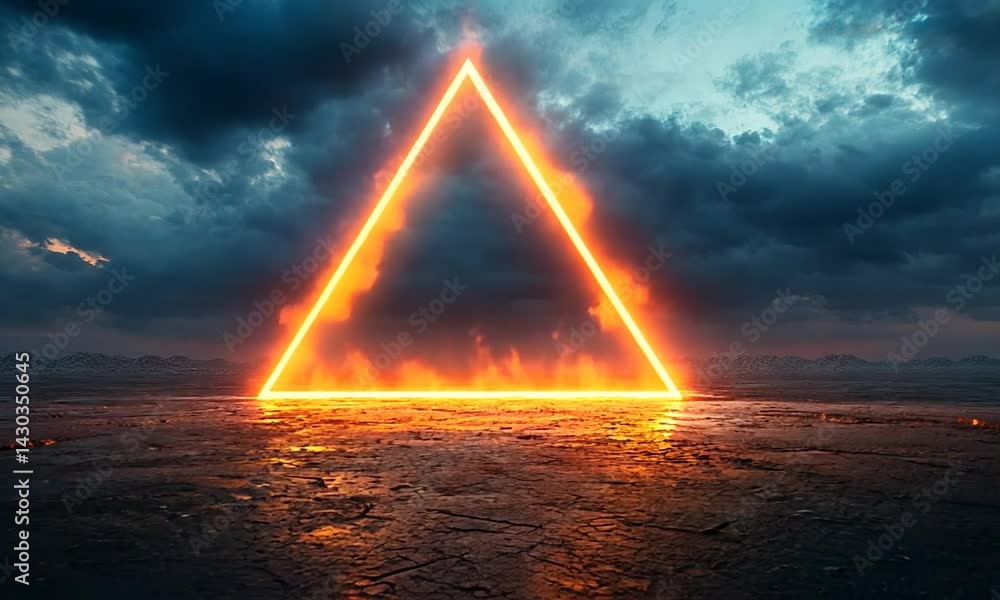 Poster glowing triangular portal at sunset over a reflective surface with dramatic clouds