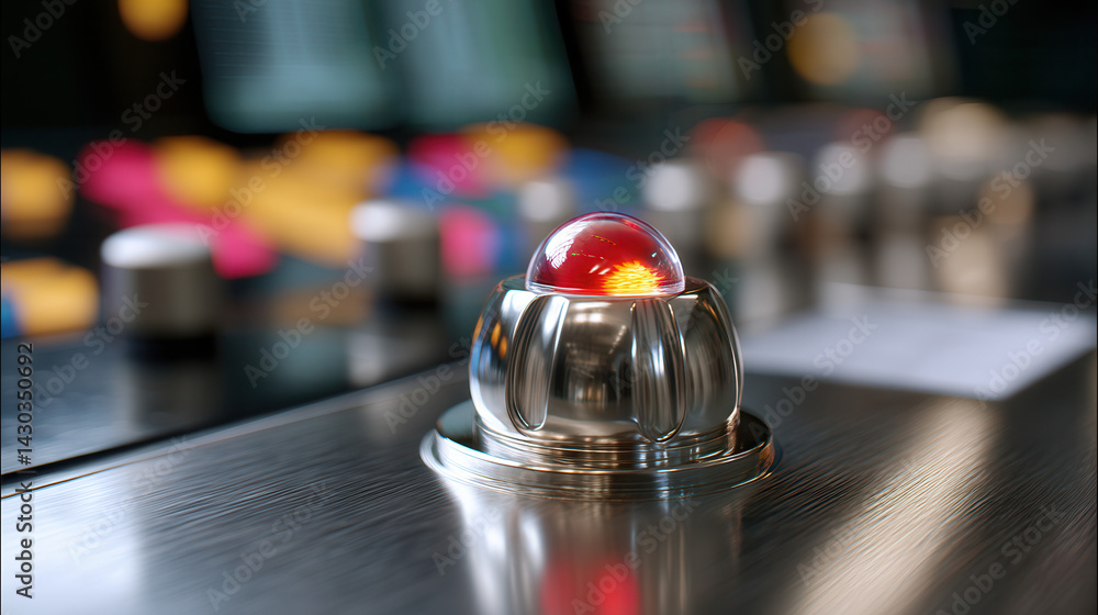 Poster close up of futuristic control panel featuring glowing red sensor orb, surrounded by metallic compon