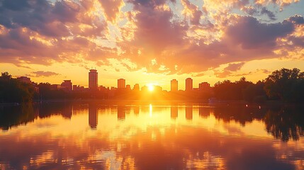 Obraz premium City skyline at sunset over a calm lake. Golden hues reflect on the water's surface, creating a serene and picturesque scene