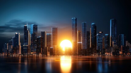 Obraz premium Stunning sunset over a modern skyline reflecting on calm waters.