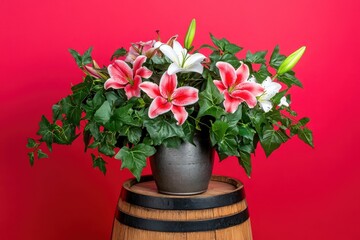 Obraz premium Vibrant floral arrangement of pink and white lilies on a wooden barrel.