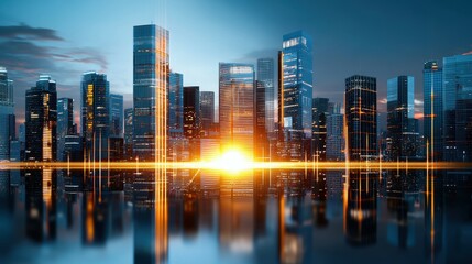 Fototapeta premium Stunning city skyline at sunset, reflecting vibrant colors on glass buildings.