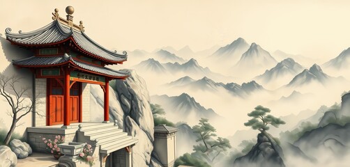 Fototapeta premium Ancient shrine wall, delicate ink wash landscape painting of mountains and mist, oriental, 水墨画