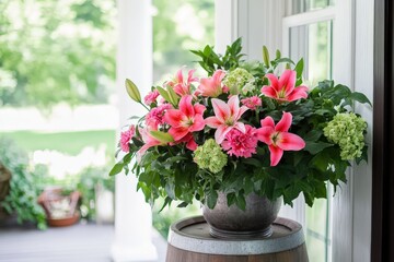 Fototapeta premium Vibrant pink and white flower arrangement on a rustic wooden barrel.