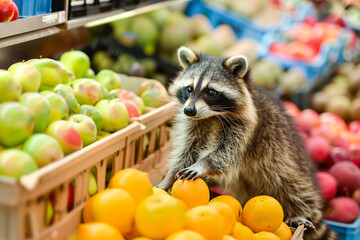 A raccoon inspects a colorful array of fresh fruits in the produce aisle, intrigued by the variety.