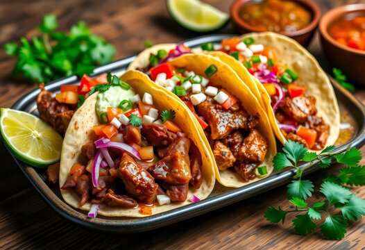 A platter of succulent pork carnitas tacos, vibrant toppings, creamy guacamole, and zesty salsa,  pork,  cuisine - Powered by Adobe