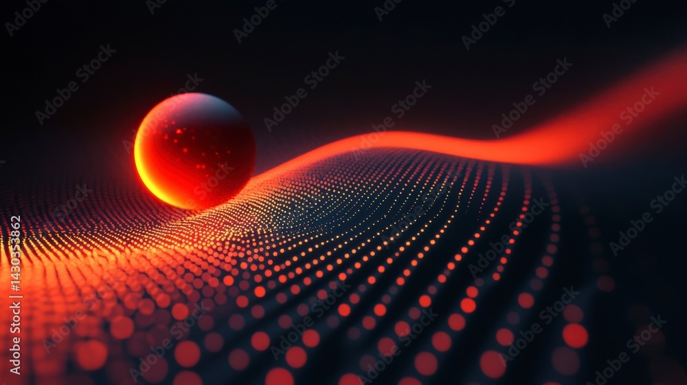 Poster abstract red sphere on glowing particle wave.