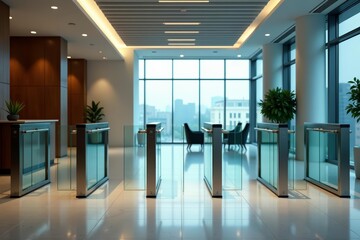 Architectural detail of glass turnstile system in office lobby, architecture, detail