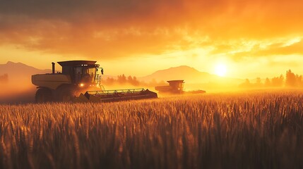 Fototapeta premium Harvesters Harvesting Grain at Sunset Agriculture, Farming, Food Production, Golden Hour Backdrop