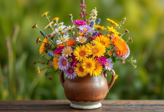 A rustic ceramic vase overflowing with a vibrant mix of wildflowers, botany, bloom