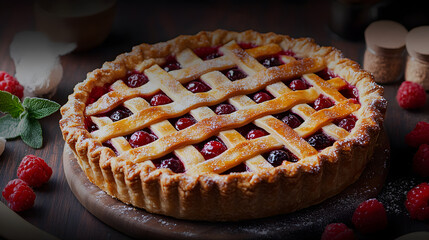 Rustic Cranberry Raspberry Lattice Pie on Wooden Board