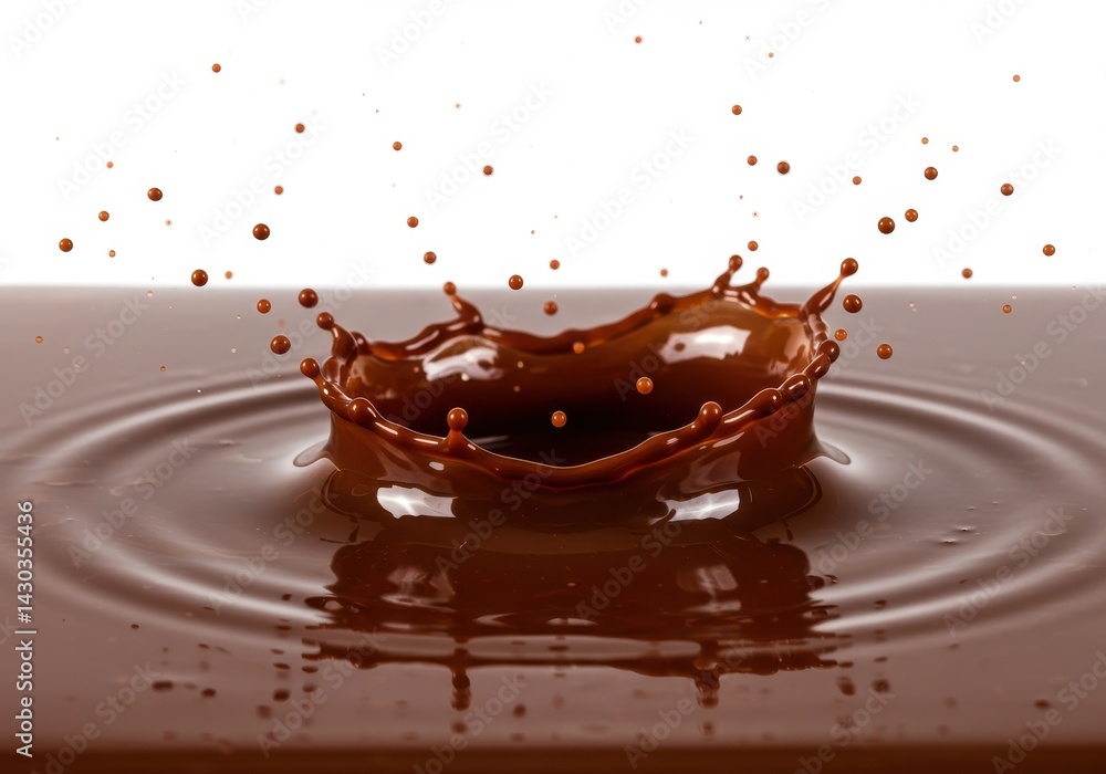 Poster a chocolate splash creating a crown shape with droplets suspended in the air on a white background