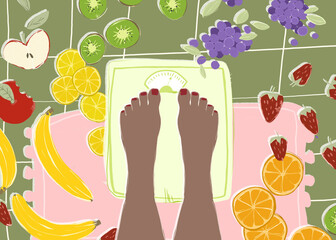 Illustration of feet on a weighing scale surrounded by various fruits symbolizing health and diet