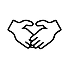 Handshake heart symbol outline icon in black on white