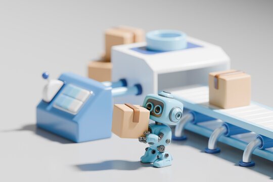 3D rendering of a robot working in a logistics setting with a conveyor belt