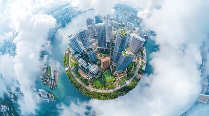 Aerial, miniature city, blue water, sky, and clouds. Skyscrapers dominate landscape