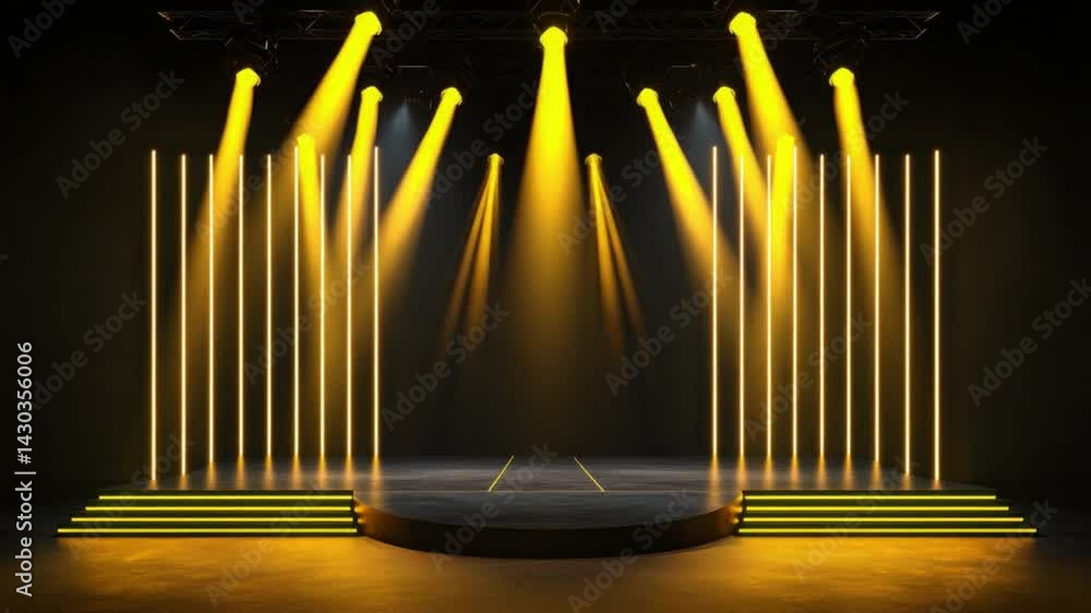 Poster dramatic stage setup with bright yellow lights and empty circular platform for performances and even