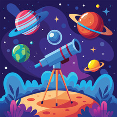 Naklejka premium A telescope points toward a vibrant night sky filled with planets 