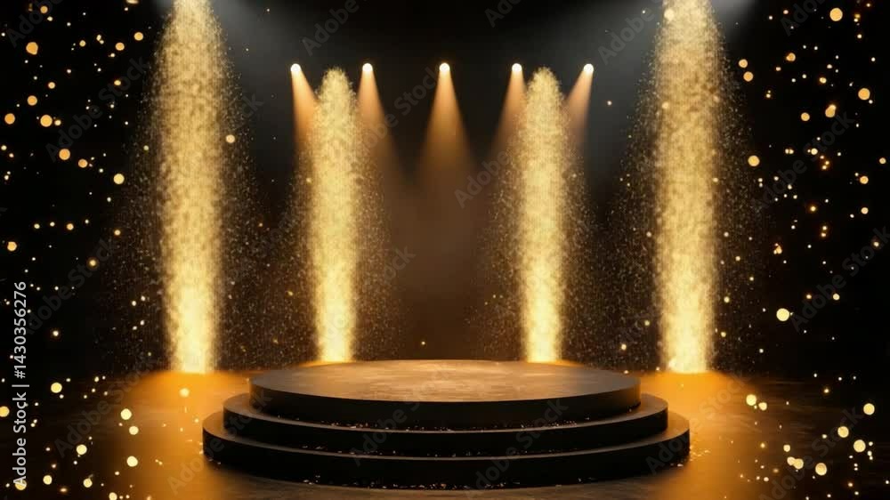 Poster elegant stage with golden spotlights and sparkling background for performance and event decoration