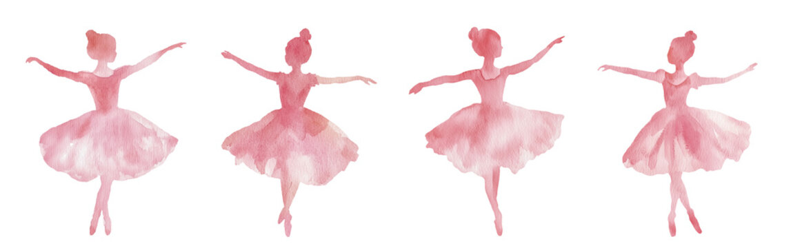 Fototapeta Ballerina. Watercolor illustration of silhouette ballet dancer in different poses. Isolated clipart with clear even edge on transparent background