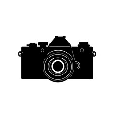 Sleek Black and White Silhouette of a Vintage Camera with Detailed Lens, Perfect for Photography Logos, Retro Wall Art, and Modern Graphic Design Projects