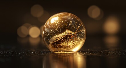 Spittlebug entombed in a glowing sphere filled with glittering particles