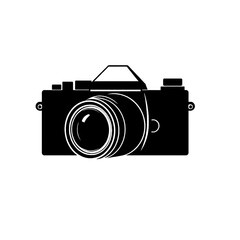 Minimalist Black and White Silhouette of a Vintage Camera with Prominent Lens, Ideal for Photography Logos, Retro Art Prints, and Creative Graphic Design Projects
