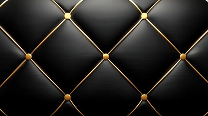 Luxurious black leather texture with golden buttons and stitching in diamond pattern