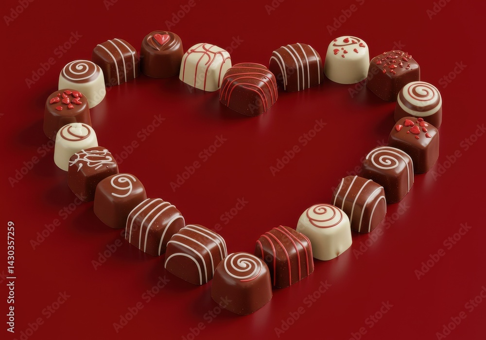 Poster assorted chocolates arranged in a heart shape on a red background studio shot close up valentine's d