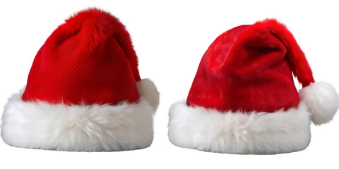 Festive Christmas Caps: Two classic Santa Claus hats with vibrant red and fluffy white trim, evoking the magic of Christmas and the joy of holiday cheer.