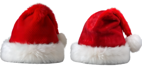 Festive Christmas Caps: Two classic Santa Claus hats with vibrant red and fluffy white trim, evoking the magic of Christmas and the joy of holiday cheer.