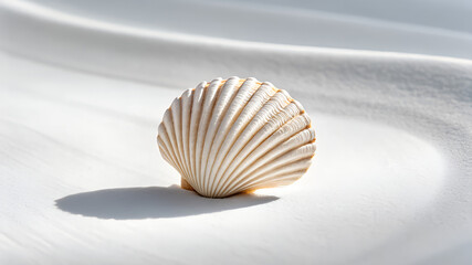 Natural Sea Shell Resting on Wavy White Sand in Soft Morning Light.