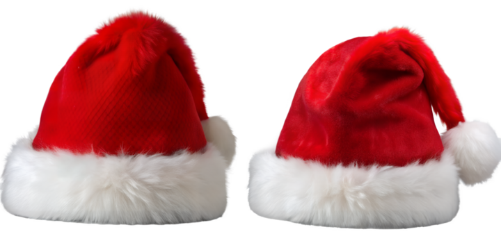 Festive Christmas Caps: Two classic Santa Claus hats with vibrant red and fluffy white trim, evoking the magic of Christmas and the joy of holiday cheer.